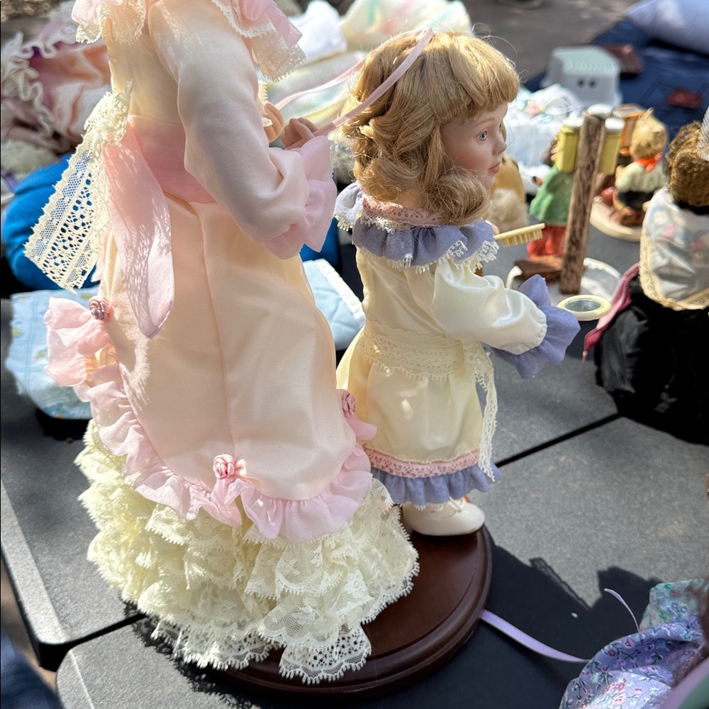 Victorian Style Porcelain Doll Set with Pink and Cream Dresses - Picture 6 of 8